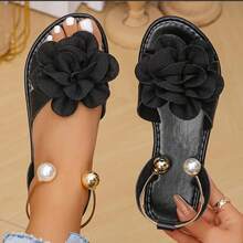 女士夏季 3D 花卉装饰踝带平底凉鞋 - 露背合成皮革休闲鞋，舒适橡胶鞋底沙滩必备一脚蹬，时尚耐磨防滑凉鞋 - 黑色 - 查看 4