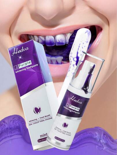 Pasta de dientes morada Hedva de 30ml para blanqueamiento óptico, corrector de color morado, fórmula suave sin sensibilidad, modesta belleza morada, quitamanchas de café, humo y té para uso diario en el cuidado oral