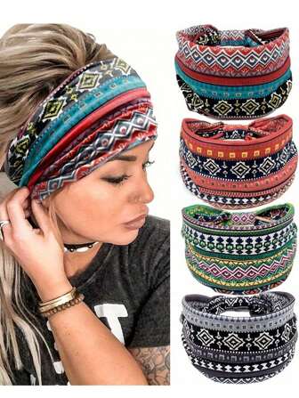Ensemble de 4 bandeaux de sport élastiques antidérapants, motifs cachemire et géométriques - bandeaux de yoga souples pour femmes et hommes, cadeau de la Saint-Valentin, accessoires de fitness pour la course, la salle de gym et l'usage quotidien, cadeaux pour les amoureux, l'amour des mamans