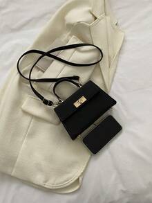 moda unicolor presionado PU vuelta Funda Bolso de mano con cerradura metálica - Negro - Ver 5