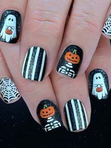 24 PIEZAS Suministros para uñas de Halloween con telaraña blanca, fantasma, calabaza y calavera, con polvo brillante, talla grande 1 lima de uñas y 1 pieza de pegamento de gel