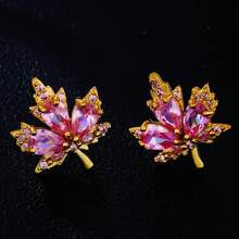 1 Pair Women's Fashionable Earrings, Elegant & Luxurious Maple Leaf Shaped Copper Inlay Synthetic Zirconia, Suitable For Daily, Party, Festival And Couple Gift