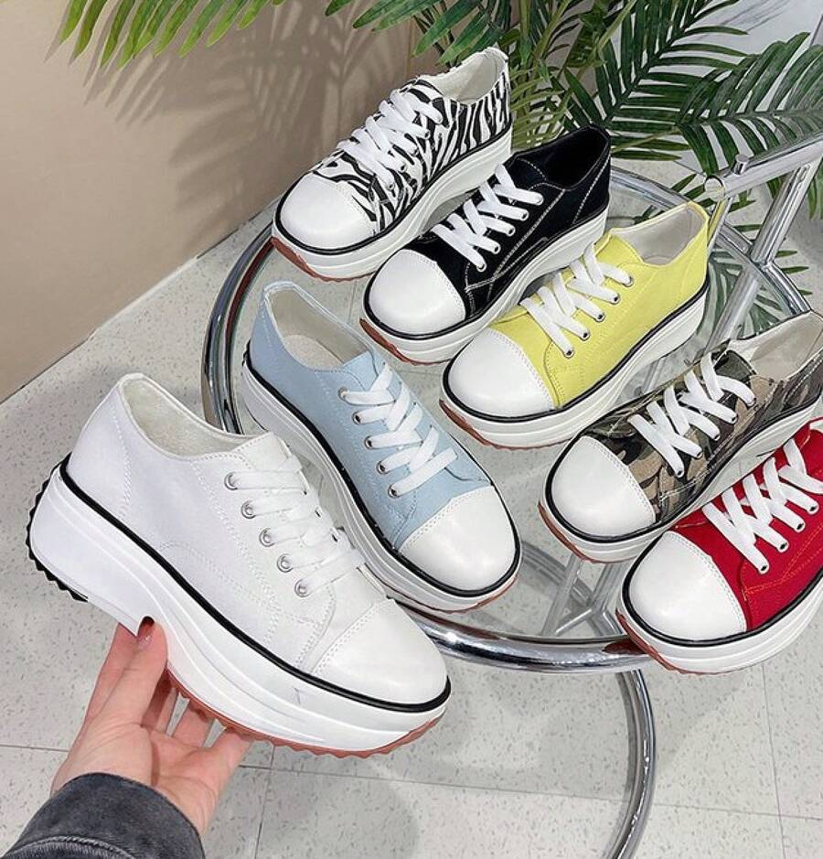 Spring New Low-Top Thick-Soled Canvas Shoes Women, Adhesive Shoes, In-Stock Flat Canvas Shoes, Women's Single Shoes Size 43, Elegant Women's Shoes - 白色 - 查看 1