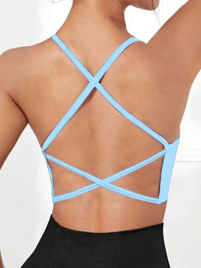 Piece Seamless Knit Ribbed Verleidelijke Bra, Wireless Cross Strap Backless Sports BH view 3