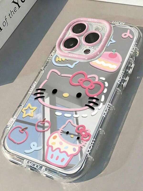 Sanrio 1 pieza Estuche protector a prueba de golpes con espejo crema con patrón de pastel de línea minimalista y estrella, compatible con Apple 11 Pro Max Max13/14/14 Plus15 Plus/16/16 Plus, se puede usar como regalo festivo