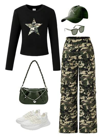 Ensemble 2 pièces à la mode pour fille, printemps et automne : haut imprimé étoiles + pantalon droit à taille élastique et imprimé camouflage, tenue d'extérieur décontractée, confortable et à la mode pour enfant.