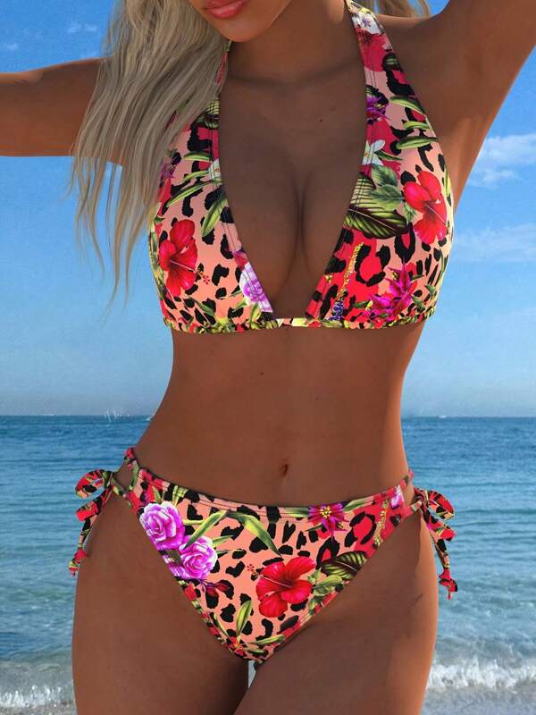 Conjunto de bikini con estampado floral, escote en V, halter, espalda descubierta, para vacaciones en la playa