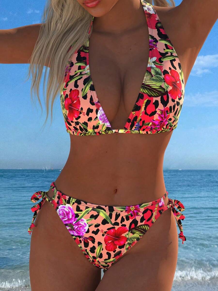 Floral Print V-Neck Halter Sexy Backless Beach Vacation Bikini Set Set - Multicolor - View 1