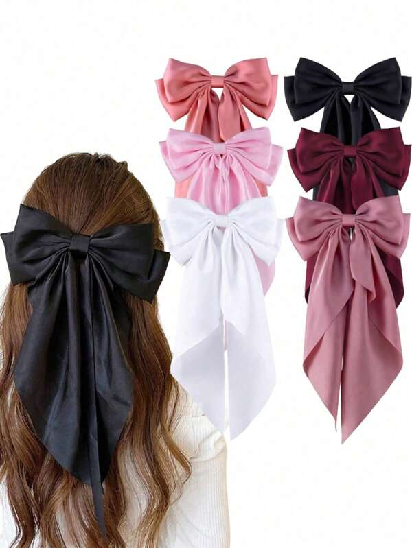 6/1pc Large Bow Hair Clips, Women Accessories, Hair Accessories For Women Girls Long Tail Hairband Silky Ribbon Hair Clips Flirty Bow Accessories For Daily Wear, Autumn Summer Hair Accessories