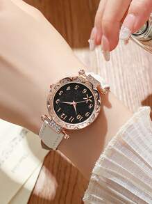 Set de 6 relojes de mujer con correa de piel de estrella de mar blanca - Esfera de escala de barra de moda, relojes de cuarzo minimalistas casuales para uso diario