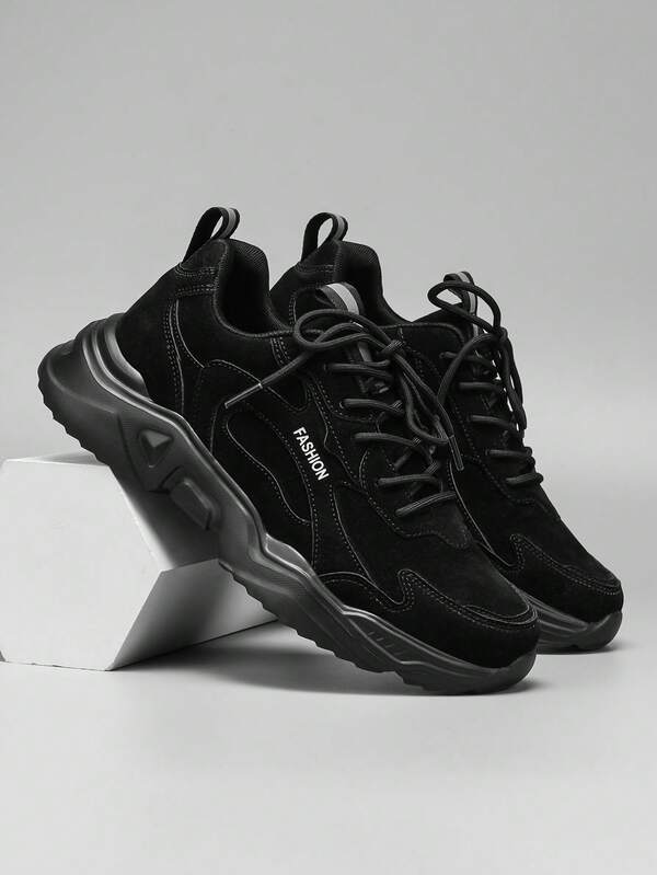 男士经典黑色皮革混合字母系带低帮运动鞋，时尚百搭户外休闲鞋，适合日常穿着