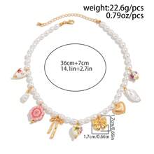 1pc Summer Retro Ceramic Chinese Style Bow, Heart, Asymmetrical Pearl Pendant Necklace, Vacation Style Collar Accessory
