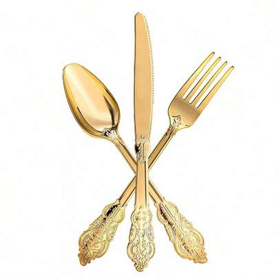 150 pièces Set de couverts doré style palais royal vintage - 50 couteaux, 50 fourchettes et 50 cuillères - Set de vaisselle réutilisable, convenant pour le dîner, la fête, le banquet, le mariage