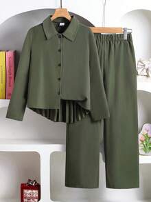 Left Mama Tween GirlsCasual Minimal Pleated Long Sleeve Shirt & Straight Pants Set, Spring/Autumn - Army Green - View 2
