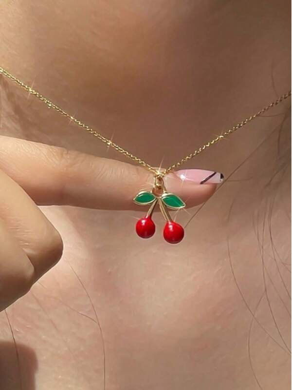 1pc Cherry Pendant Necklace, Cute Cherry Fruit Pendant Necklace, Red Cherry Necklace, Women Summer Pendant Necklace