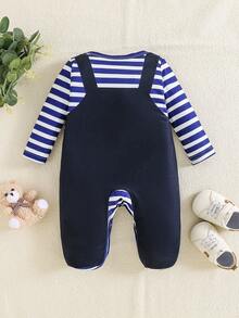1 pieza Pelele de manga larga con pies para bebé recién nacido niño con estampado de oso y rayas azul marino, elegante y minimalista, apto para todas las estaciones - Azul Marino - Ver 2