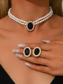 3pcs/Set Oval Geometric Faux Pearl Necklace & Earrings Set, Elegant Faux Pearl Jewelry For Women