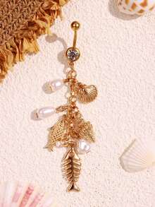 1 件时尚休闲优雅性感海滩度假海洋风格贝壳海星海螺肚脐环，女士海滩海洋度假身体首饰 - 彩色 - 查看 6