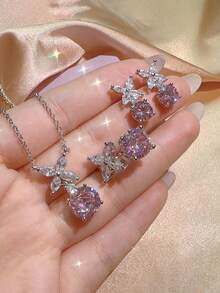 4pcs/Set Luxury Ditsy Floral Sweet Style Jewelry Set, Including Necklace, Earrings And Ring, Crystal Teardrop Design, Ideal For Party, Date, Gift And Casual Wear