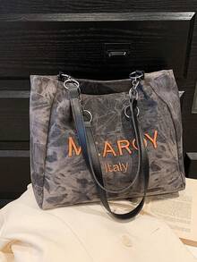 女士时尚字母刺绣大容量托特包，适合日常通勤 - 黑色 - 查看 6