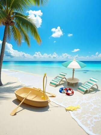 13件/1套仿真沙滩椅、游泳圈、太阳伞、渔船、微缩模型场景套装、迷你减压玩具，适用于夏季沙滩玩具、娃娃屋、微缩摆件和玩具