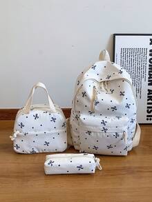 3 Pcs Fashionable Preppy Bow Print Backpack Set,Backpack&Lunch Bag&Pencil Case,With Laptop Compartment Bookbag,Adjustable Strap Bookbag Set,Multi Pockets High-Capacity School Bag Set Multifunctional Daypack Set Idea For Girls/Teens/College Students/Graduate/Graduate For Daily Use/Vacation/Travel/Back To School