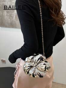 BAILEE 金属花形晚宴包舞会婚纱手提包口红零钱化妆包配饰包带金属链可斜跨前卫女士礼物 - 銀色 - 查看 8