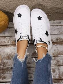 Zapatillas planas con cordones, nueva llegada 2025 para adolescentes de vuelta al colegio. Diseño de estrella de moda, casual de suela gruesa cómoda para uso diario y viajes, para mujeres de talla grande.