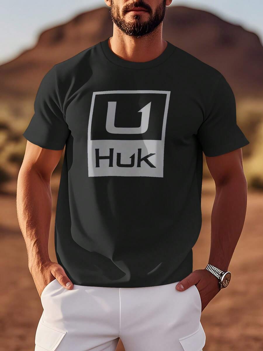 Men'S Lightweight HUK Graphic T-Shirt - Breathable & Stylish, Casual Round Neck Tee With Unique Print Design, Perfect For Casual Attire,All-Season - White - View 1