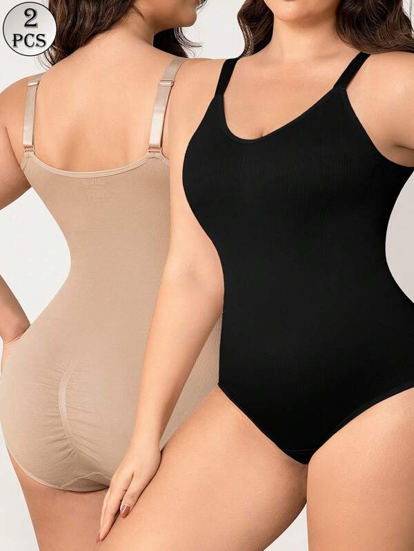 2pcs/Set Plus Size Women Seamless Shapewear Bodysuit, Tummy Control Butt Lift Adjustable Shaper, Suitable For All Seasons