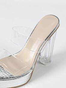 透明绑带超高跟防水台粗跟凉鞋，2025年夏季新款时尚性感百搭高跟鞋女鞋 - 銀色 - 查看 8