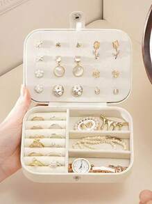 1pc Double Layer Jewelry Box, Large Capacity Jewelry Storage Box, Jewelry Display Tray, Necklace, Earrings, Jewelry & Accessories Organizer Box, White Simple Compartment Jewelry Display Stand With Dust-Proof And Anti-Oxidation Function, Compact Portable Jewelry Box, Travel Jewelry Storage Bag, Small Ring Earring Jewelry Box, Suitable For Earrings, Necklaces, Rings, Portable, Spacious, With Buckle, Lipstick, Watch, Gift For Women, Girls, Girlfriend, Christmas, Halloween, New Year