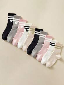 5 双女式纯色条纹图案时尚袜子，柔软舒适透气休闲中筒袜，适合日常穿着