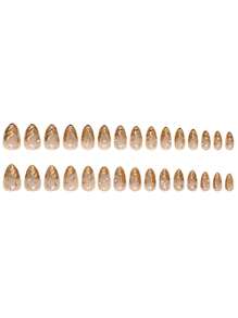 Instantly Upgrade Your Look With 24pcs Personalized Vintage Street Simple Daily Elegant 3D Gold Asymmetric Heavy Metal And Golden Asterism Rhinestone Decor French Short Almond Fake Nail Kit, Suitable For Elegant And Personalized Girls And Women To Use In Daily Life