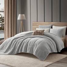 Comforter Set 3 Piece, Plush Fluffy Bedding, Geometric Pattern, Lightweight Bedspread Blanket All Season, Faux Comforter - Gray - View 1