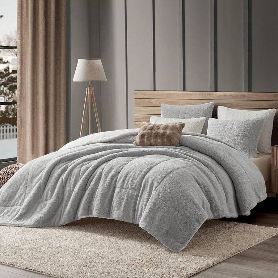 Comforter Set 3 Piece, Plush Fluffy Bedding, Geometric Pattern, Lightweight Bedspread Blanket All Season, Faux Comforter - Gray - View 1