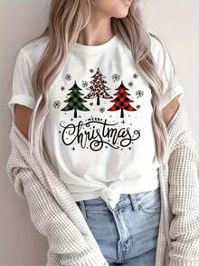 Camiseta Casual de Cuello Redondo de Navidad para Hombres y Mujeres - Mezcla Cómoda de Dacron y Spandex con Árboles Festivos y Copos de Nieve - Tejido de Punto Transpirable, Diseño de Bloques de Color, Top de Ajuste Regular para las Fiestas - Negro - Ver 2