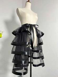 欧美新款新娘红黑蛋糕裙薄纱裙，新娘婚纱裙摆秋装女 - 黑色 - 查看 4