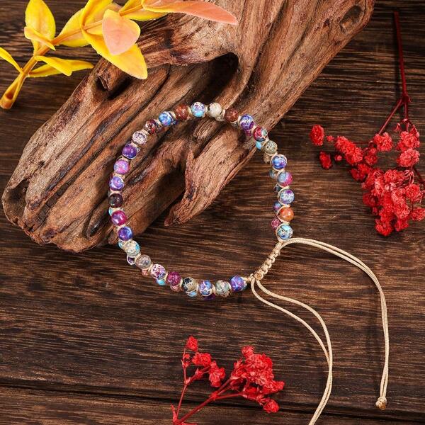 1 pezzo Braccialetto da donna boemo retrò in doppio strato in pietra naturale rossa viola e acquamarina, realizzato a mano in maniera semplice, regalo quotidiano