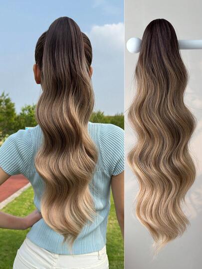 HEYPINK Ombre Color Tail Extended Drawstring Clip Type 24 Inch Natural Wave Synthetic Wig, Suitable For Daily Use At Women's Gatherings