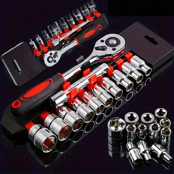 12pcs Socket Wrench Set - Durable Steel, 1/4" Drive, Extended Handle, White/Red/Black, Non-Electric, Suitable For Automotive Repair And Industrial Use, Self-Assembly Required, Ideal For DIY Enthusiasts And Professionals