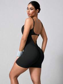 NcmRyu 1 件女士无缝弹力纯色时尚镂空工字背连体衣