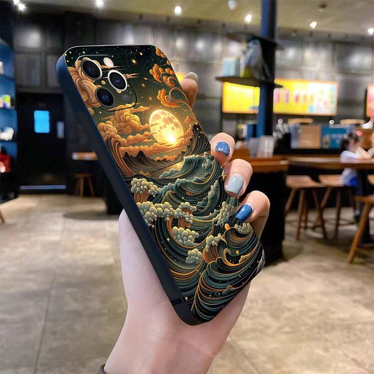 Golden Moonlit Waves Phone Case For IPhone 16 Pro Max/16 Plus/16 Pro/16/15/14/13/12/11, Unisex, Scratch Resistant TPU, Full Body Ultra Thin, Shockproof With Camera Guard - Blue - View 1