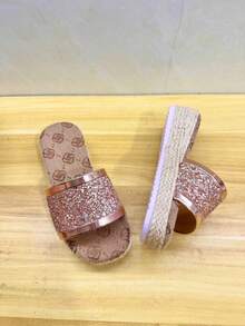 1 Pair Rope & Crystal Woven Slider Sandals For Kids, Summer Casual Indoor Outdoor Soft Bottom Non-Slip Beach Flip Flops - Beige - View 5