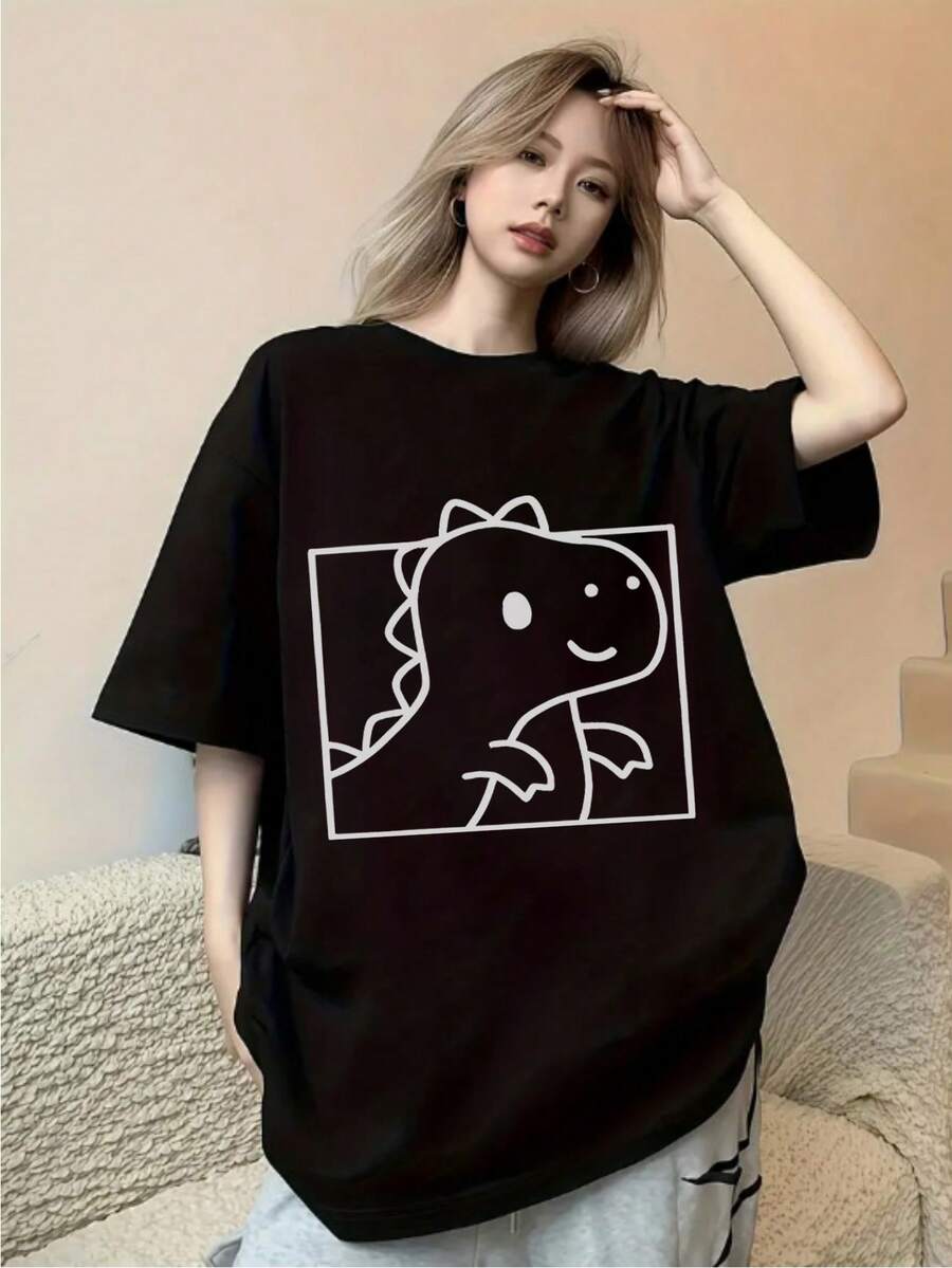 女性用 ラウンドネック 半袖Tシャツ、レター プリント スリムフィット 夏 ア トップス - ブラック - チェックする 1