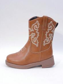 Girls High Boots/Mid Calf Boots With Embroidery, Block Heel, Color Splicing, Side Zipper, For Girls, Suitable For Autumn/Winter - Brown - View 3