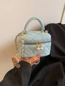 女士时尚 PU 手提包，菱形绗缝迷你斜挎包，配有链条肩带、润唇膏和零钱包，适合春夏季