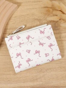 女士时尚新款蝴蝶结印花短款钱包零钱包时尚拉链款卡夹钥匙和现金通用小收纳包女士钱包女式钱包迷你钱包零钱包小钱包可爱钱包 - 白色 - 查看 6