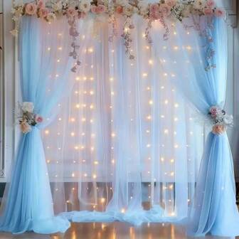 2pcs/4pcs Light Blue Tulle Backdrop Organza Curtain, 2025 New Year Decor Banner Organza, Wedding Party Background Cloth, Bridal Shower Birthday Party Background Decoration Supplies, Wedding Supplies