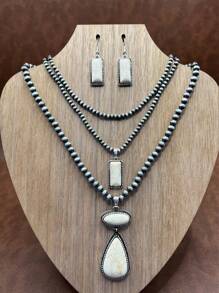 Retro Western Country Style Faux Pearl CCB Beaded Necklace Chain With Water-Drop Pendant, 3 Layers Chain Design, Matching Rectangle Earrings, Suitable For Women And Girls To Pair With Daily Outfit, Party Accessories, Jewelry, Gift For Family/Friends/Yourself